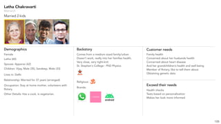 Latha Chakravarti
Married 2 kids
Matriarch
Demographics
Female
Latha (60)
Lives in: Delhi
Relationship: Married for 37 years (arranged)
Occupation: Stay at home mother, volunteers with
Rotary.
Backstory
Religious:
Brands:
Customer needs
Exceed their needs
Health checks
Tests based on personalization
Makes her look more informed
Comes from a medium sized family/urban
Doesn’t work, really into her families health,
Very close, very tight-knit
St. Stephen's College - PhD Physics
Family health
Concerned about her husbands health
Concerned about heart disease
And her grandchildren’s health and well being
Member of Rotary, like to tell them about
Obtaining genetic data
Spouse: Apparao (62)
Children: Vijay, Male (35), Sandeep, Male (33)
Other Details: Has a cook, is vegetarian.
105
 