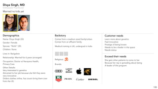 106
Divya Singh, MD
Married no kids yet
Enthusiastic Practitioner
Demographics
Gender: Female
Name: Divya Singh (33)
Lives in: Bangalore
Relationship: Married for 6 years (arranged)
Occupation: Doctor at Narayana Health,
Primary Care
Backstory
Comes from a medium sized family/urban
Comes from an affluent family
Brands:
Customer needs
Medical training in UK, undergrad in India
Learn more about genetics
Feel innovative
Prestige of being known
Needs to be a leader in the space
Needs status
Spouse: “Rohit” (35)
Children: None
Exceed their needs
She gets other patients to come to her
Because her rep is spreading about being
A leader of this program
Other Details:
Very interested in genetics
Attracted to her job because she felt they were
very innovative
Orders clothes online, has cousin bring them over
from the US.
Religious:
 