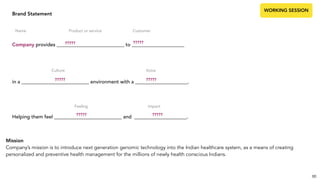 Brand Statement
Name
86
Company provides ___________________________ to _____________________
Product or service
????? ?????
Customer
Culture
in a ___________________________ environment with a _____________________.????? ?????
Voice
Helping them feel ___________________________ and _____________________.????? ?????
Feeling Impact
WORKING SESSION
Mission
Company’s mission is to introduce next generation genomic technology into the Indian healthcare system, as a means of creating
personalized and preventive health management for the millions of newly health conscious Indians.
 