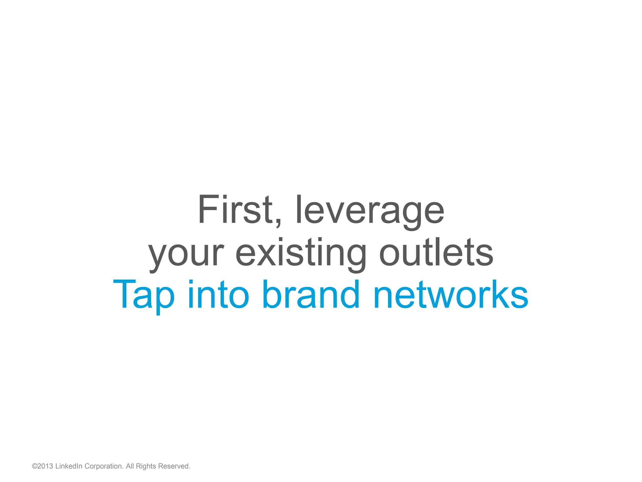 First, leverage
your existing outlets
Tap into brand networks
©2013 LinkedIn Corporation. All Rights Reserved.
 