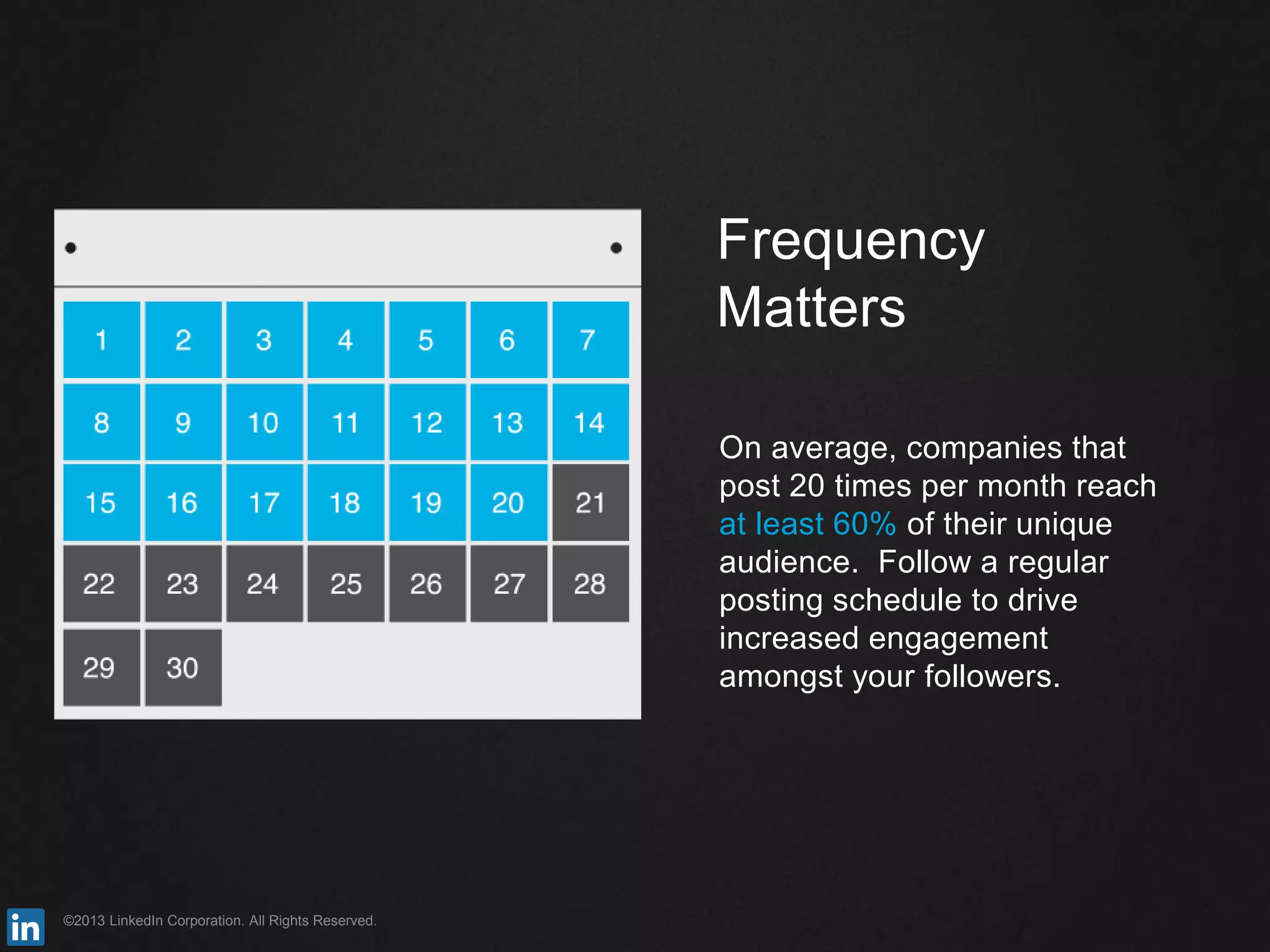 ©2013 LinkedIn Corporation. All Rights Reserved.
On average, companies that
post 20 times per month reach
at least 60% of their unique
audience. Follow a regular
posting schedule to drive
increased engagement
amongst your followers.
Frequency
Matters
 
