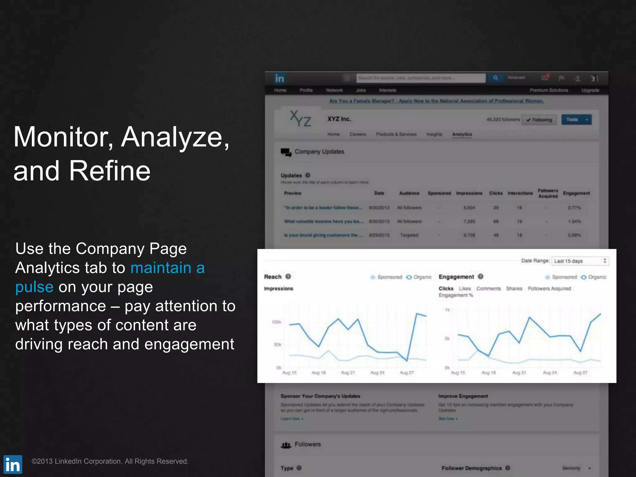 ©2013 LinkedIn Corporation. All Rights Reserved.
Monitor, Analyze,
and Refine
Use the Company Page
Analytics tab to maintain a
pulse on your page
performance – pay attention to
what types of content are
driving reach and engagement
 