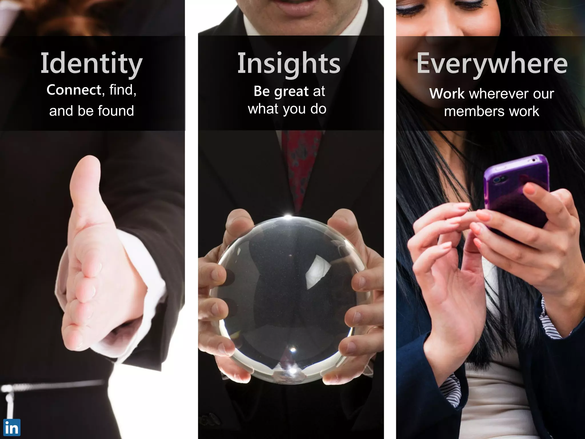 EverywhereInsightsIdentity
Connect, find,
and be found
Be great at
what you do
Work wherever our
members work
 