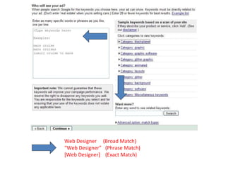 Web Designer  (Broad Match) “Web Designer”  (Phrase Match) [Web Designer]  (Exact Match) 