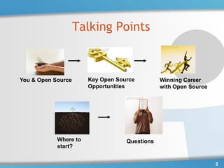 Talking Points



You & Open Source      Key Open Source         Winning Career
                       Opportunities           with Open Source




            Where to               Questions
            start?


                                                                  2
 