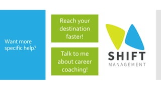 Want more
specific help?
Reach your
destination
faster!
Talk to me
about career
coaching!
 