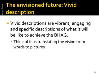 The envisioned future: Vivid descriptionVivid descriptions are vibrant, engaging and specific descriptions of what it will be like to achieve the BHAG. Think of it as translating the vision from words to pictures.14Lionel E. Pineda