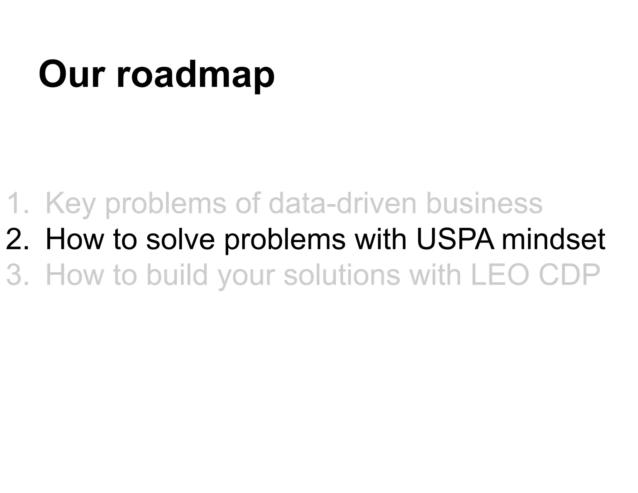 Our roadmap
1. Key problems of data-driven business
2. How to solve problems with USPA mindset
3. How to build your solutions with LEO CDP
 