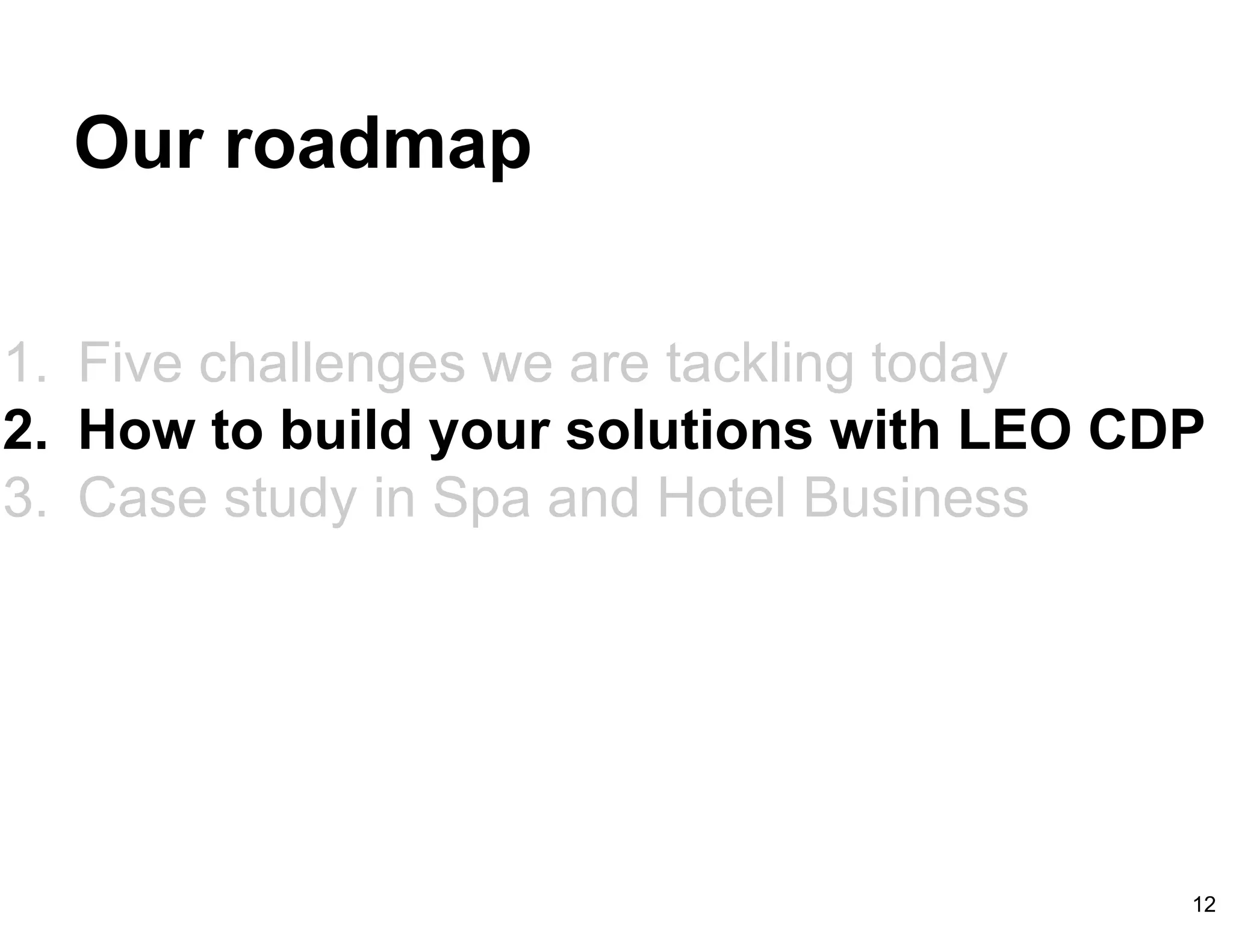 Our roadmap
1. Five challenges we are tackling today
2. How to build your solutions with LEO CDP
3. Case study in Spa and Hotel Business
12
 