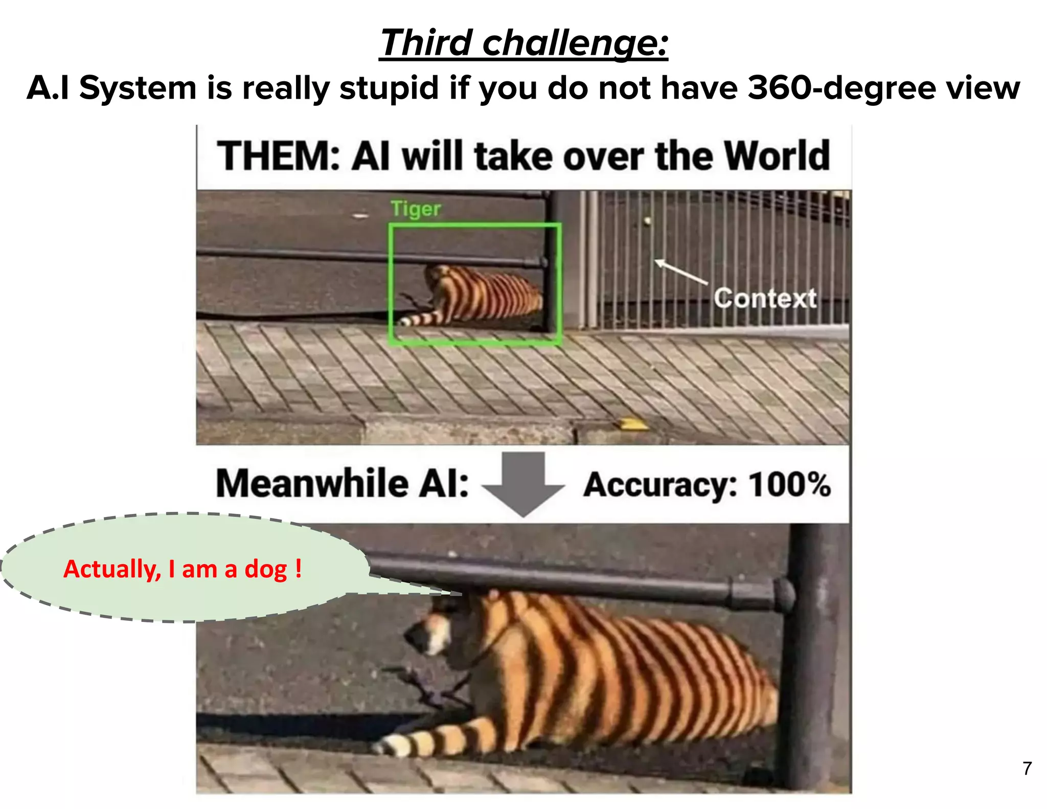 Third challenge:
A.I System is really stupid if you do not have 360-degree view
Actually, I am a dog !
7
 