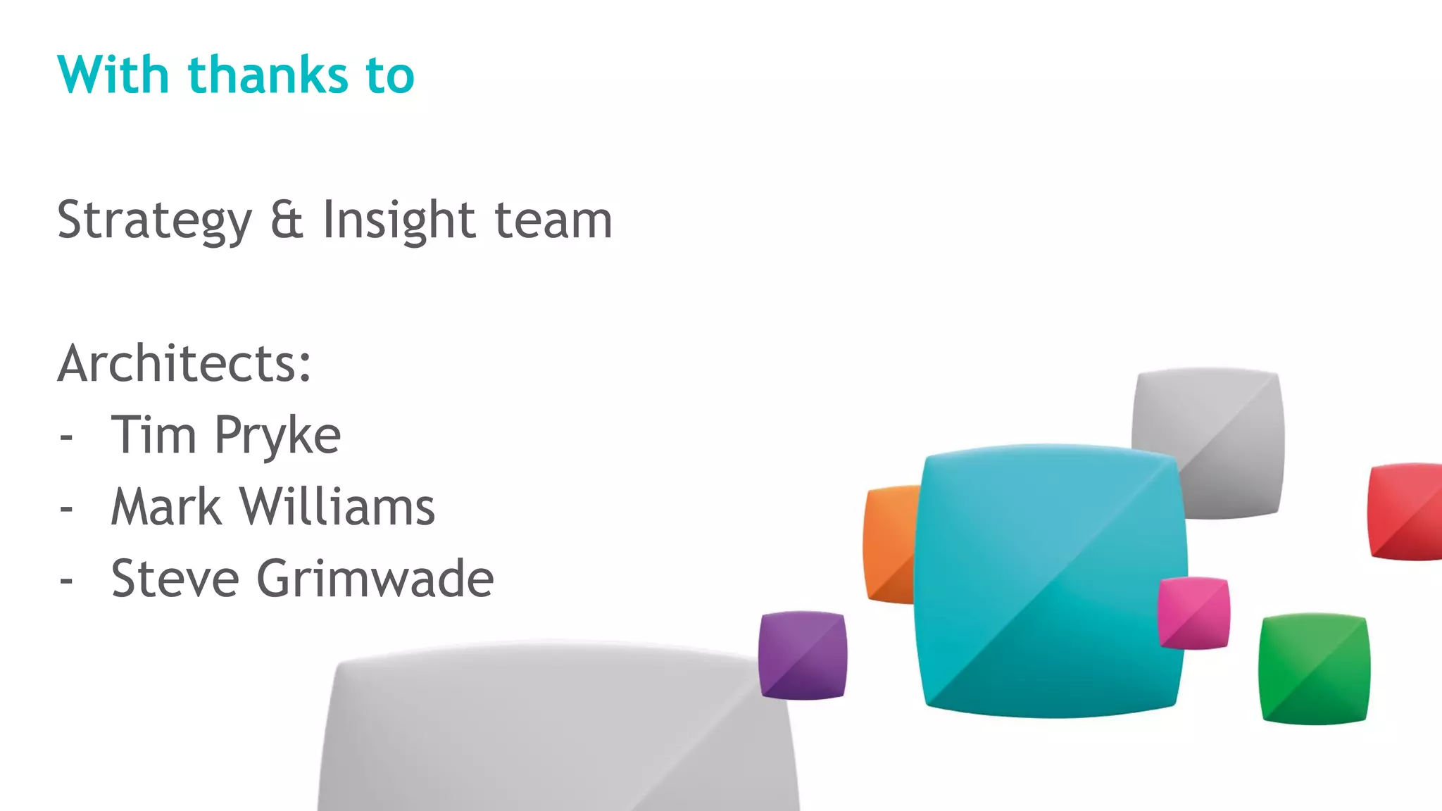 With thanks to
Strategy & Insight team
Architects:
- Tim Pryke
- Mark Williams
- Steve Grimwade
 