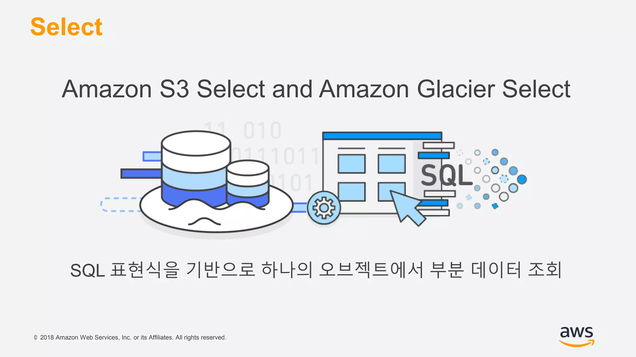 © 2018 Amazon Web Services, Inc. or its Affiliates. All rights reserved.
Select
Amazon S3 Select and Amazon Glacier Select
SQL 표현식을 기반으로 하나의 오브젝트에서 부분 데이터 조회
 