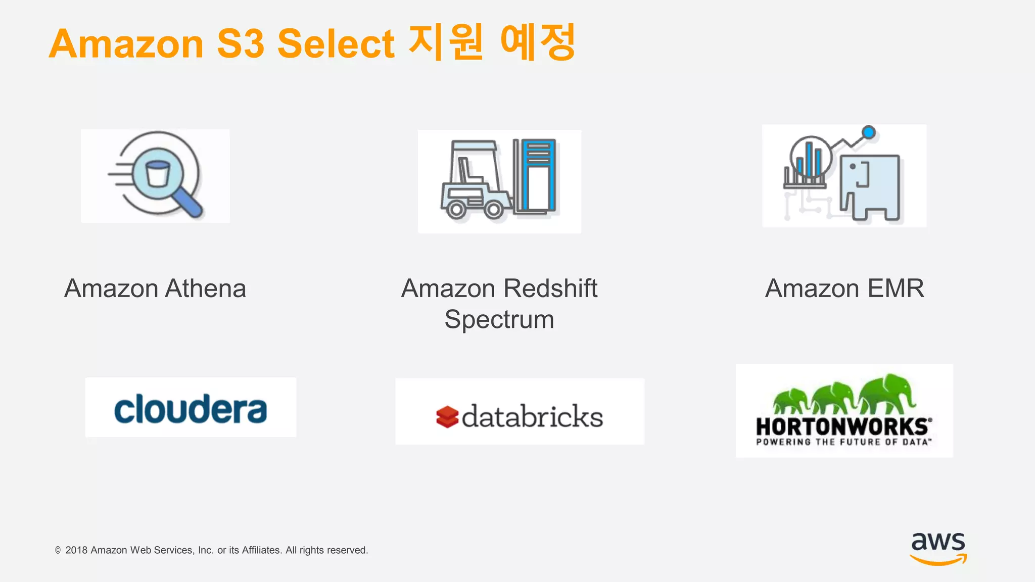 © 2018 Amazon Web Services, Inc. or its Affiliates. All rights reserved.
Amazon S3 Select 지원 예정
Amazon Athena Amazon EMRAmazon Redshift
Spectrum
 