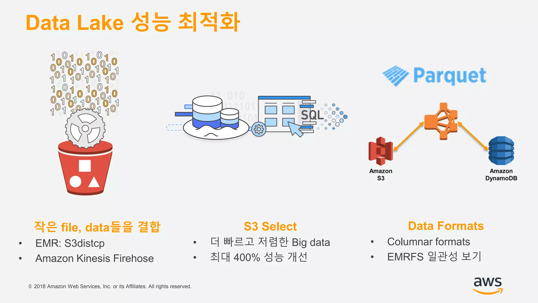 © 2018 Amazon Web Services, Inc. or its Affiliates. All rights reserved.
Data Lake 성능 최적화
작은 file, data들을 결합
• EMR: S3distcp
• Amazon Kinesis Firehose
S3 Select
• 더 빠르고 저렴한 Big data
• 최대 400% 성능 개선
Data Formats
• Columnar formats
• EMRFS 일관성 보기
Amazon
S3
Amazon
DynamoDB
 