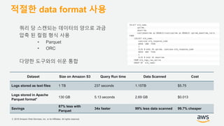 © 2018 Amazon Web Services, Inc. or its Affiliates. All rights reserved.
적절한 data format 사용
쿼리 당 스캔되는 데이터의 양으로 과금
압축 된 컬럼 형식 사용
• Parquet
• ORC
다양한 도구와의 쉬운 통합
Dataset Size on Amazon S3 Query Run time Data Scanned Cost
Logs stored as text files 1 TB 237 seconds 1.15TB $5.75
Logs stored in Apache
Parquet format*
130 GB 5.13 seconds 2.69 GB $0.013
Savings
87% less with
Parquet
34x faster 99% less data scanned 99.7% cheaper
 