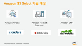 © 2018 Amazon Web Services, Inc. or its Affiliates. All rights reserved.
Amazon S3 Select 지원 예정
Amazon Athena Amazon EMRAmazon Redshift
Spectrum
 