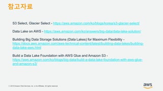© 2018 Amazon Web Services, Inc. or its Affiliates. All rights reserved.
참고자료
S3 Select, Glacier Select - https://aws.amazon.com/ko/blogs/korea/s3-glacier-select/
Data Lake on AWS - https://aws.amazon.com/ko/answers/big-data/data-lake-solution/
Building Big Data Storage Solutions (Data Lakes) for Maximum Flexibility -
https://docs.aws.amazon.com/aws-technical-content/latest/building-data-lakes/building-
data-lake-aws.html
Build a Data Lake Foundation with AWS Glue and Amazon S3 -
https://aws.amazon.com/ko/blogs/big-data/build-a-data-lake-foundation-with-aws-glue-
and-amazon-s3/
 