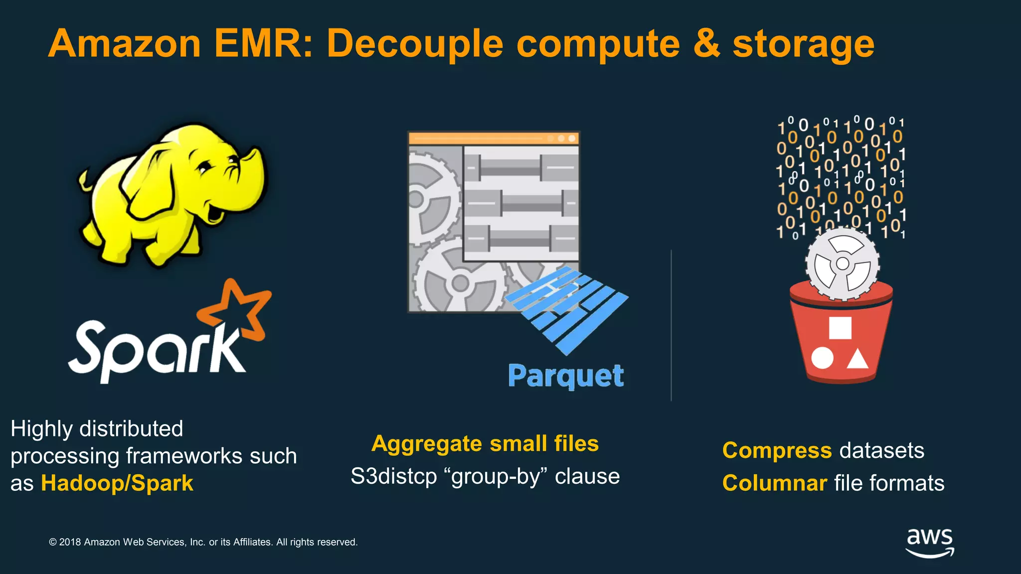 © 2018 Amazon Web Services, Inc. or its Affiliates. All rights reserved.
Amazon EMR: Decouple compute & storage
Highly distributed
processing frameworks such
as Hadoop/Spark
Compress datasets
Columnar file formats
Aggregate small files
S3distcp “group-by” clause
 