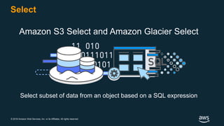 © 2018 Amazon Web Services, Inc. or its Affiliates. All rights reserved.
Select
Amazon S3 Select and Amazon Glacier Select
Select subset of data from an object based on a SQL expression
 
