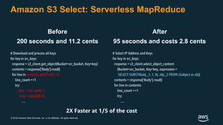 © 2018 Amazon Web Services, Inc. or its Affiliates. All rights reserved.
Before
200 seconds and 11.2 cents
# Download and process all keys
for key in src_keys:
response = s3_client.get_object(Bucket=src_bucket, Key=key)
contents = response['Body'].read()
for line in contents.split('n')[:-1]:
line_count +=1
try:
data = line.split(',')
srcIp = data[0][:8]
….
Amazon S3 Select: Serverless MapReduce
After
95 seconds and costs 2.8 cents
# Select IP Address and Keys
for key in src_keys:
response = s3_client.select_object_content
(Bucket=src_bucket, Key=key, expression =
SELECT SUBSTR(obj._1, 1, 8), obj._2 FROM s3object as obj)
contents = response['Body'].read()
for line in contents:
line_count +=1
try:
….
2X Faster at 1/5 of the cost
 