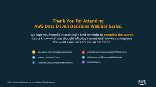 © 2018 Amazon Web Services, Inc. or its Affiliates. All rights reserved.
We hope you found it interesting! A kind reminder to complete the survey.
Let us know what you thought of today’s event and how we can improve
the event experience for you in the future.
Thank You For Attending
AWS Data Driven Decisions Webinar Series.
aws-apac-marketing@amazon.com
twitter.com/AWSCloud
facebook.com/AmazonWebServices
youtube.com/user/AmazonWebServices
slideshare.net/AmazonWebServices
twitch.tv/aws
 