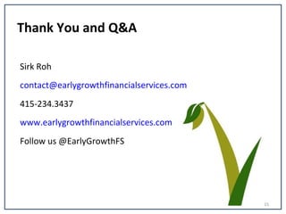 Thank You and Q&A
15
Sirk Roh
contact@earlygrowthfinancialservices.com
415-234.3437
www.earlygrowthfinancialservices.com
F...