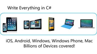 Write Everything in C#
iOS, Android, Windows, Windows Phone, Mac
Billions of Devices covered!
 