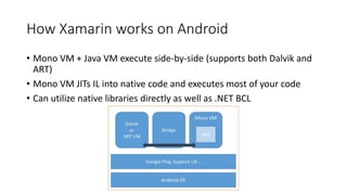 How Xamarin works on Android
• Mono VM + Java VM execute side-by-side (supports both Dalvik and
ART)
• Mono VM JITs IL into native code and executes most of your code
• Can utilize native libraries directly as well as .NET BCL
 