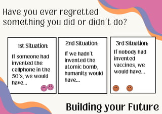Building your Future
Have you ever regretted
something you did or didn’t do?
If someone had
invented the
cellphone in the
50's, we would
have...
1st Situation:
2nd Situation:
If we hadn’t
invented the
atomic bomb,
humanity would
have...
3rd Situation:
If nobody had
invented
vaccines, we
would have...
 