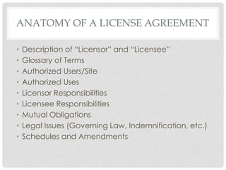ANATOMY OF A LICENSE AGREEMENT
• Description of “Licensor” and “Licensee”
• Glossary of Terms
• Authorized Users/Site
• Authorized Uses
• Licensor Responsibilities
• Licensee Responsibilities
• Mutual Obligations
• Legal Issues (Governing Law, Indemnification, etc.)
• Schedules and Amendments
 