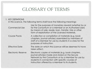 GLOSSARY OF TERMS
1. KEY DEFINITIONS
In this Licence, the following terms shall have the following meanings:
Commercial Use
Use for the purposes of monetary reward (whether by or
for the Consortium or a Member or an Authorised User)
by means of sale, resale, loan, transfer, hire or other
form of exploitation of the Licensed Materials.
Course Packs A collection or compilation of materials (e.g. book
chapters, journal articles) assembled by members of
staff of a Member for use by students in a class for the
purposes of instruction.
Effective Date The date on which this Licence will be deemed to have
taken effect.
Electronic Reserve Electronic copies of materials (e.g. book chapters,
journal articles) made and stored on the Secure
Network by the Consortium or by a Member for use by
students in connection with specific courses of
instruction offered by a Member to its students.
 