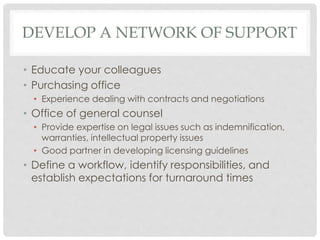 DEVELOP A NETWORK OF SUPPORT
• Educate your colleagues
• Purchasing office
• Experience dealing with contracts and negotiations
• Office of general counsel
• Provide expertise on legal issues such as indemnification,
warranties, intellectual property issues
• Good partner in developing licensing guidelines
• Define a workflow, identify responsibilities, and
establish expectations for turnaround times
 