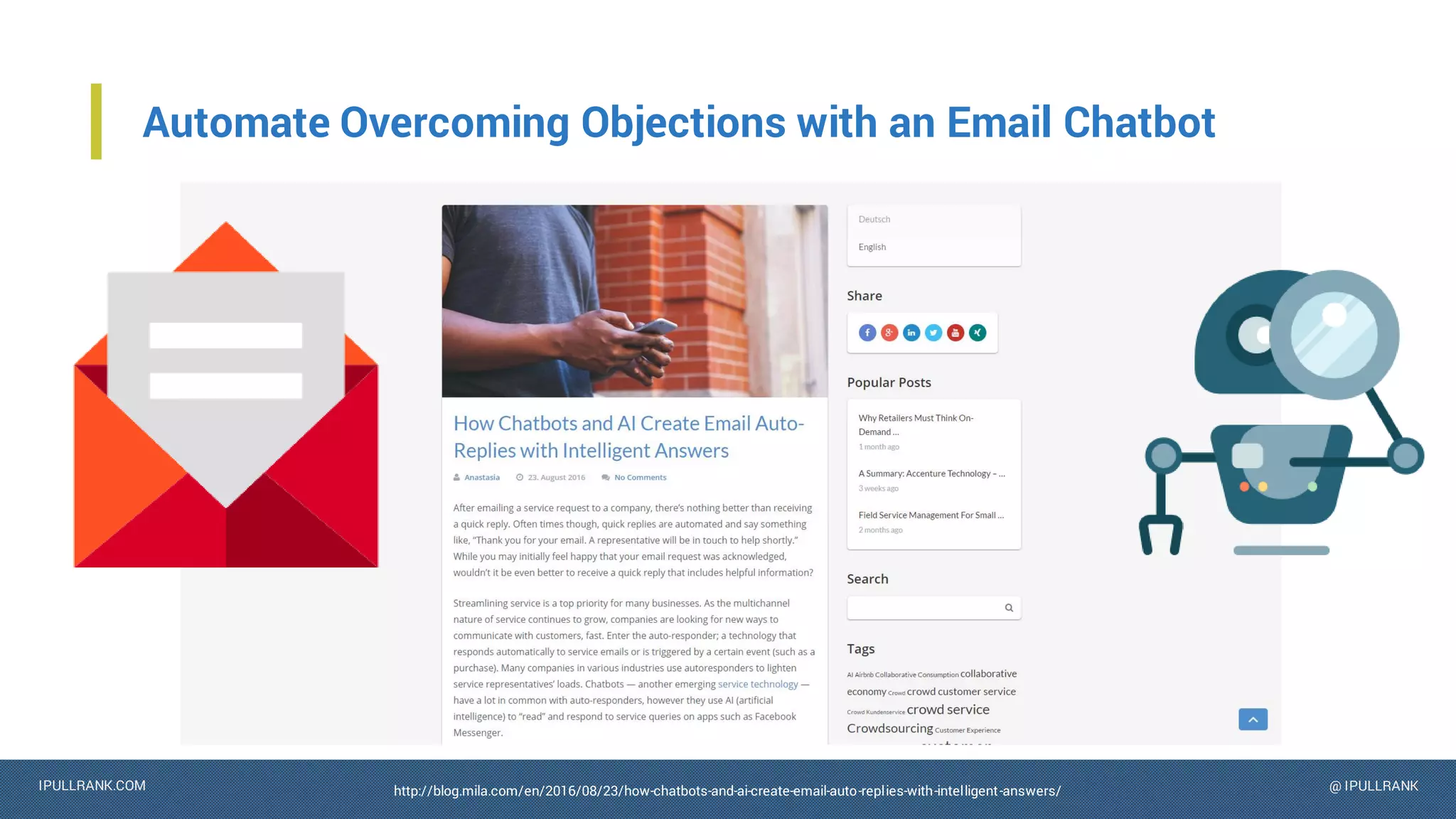 IPULLRANK.COM @ IPULLRANK
Automate Overcoming Objections with an Email Chatbot
http://blog.mila.com/en/2016/08/23/how-chatbots-and-ai-create-email-auto-replies-with-intelligent-answers/
 