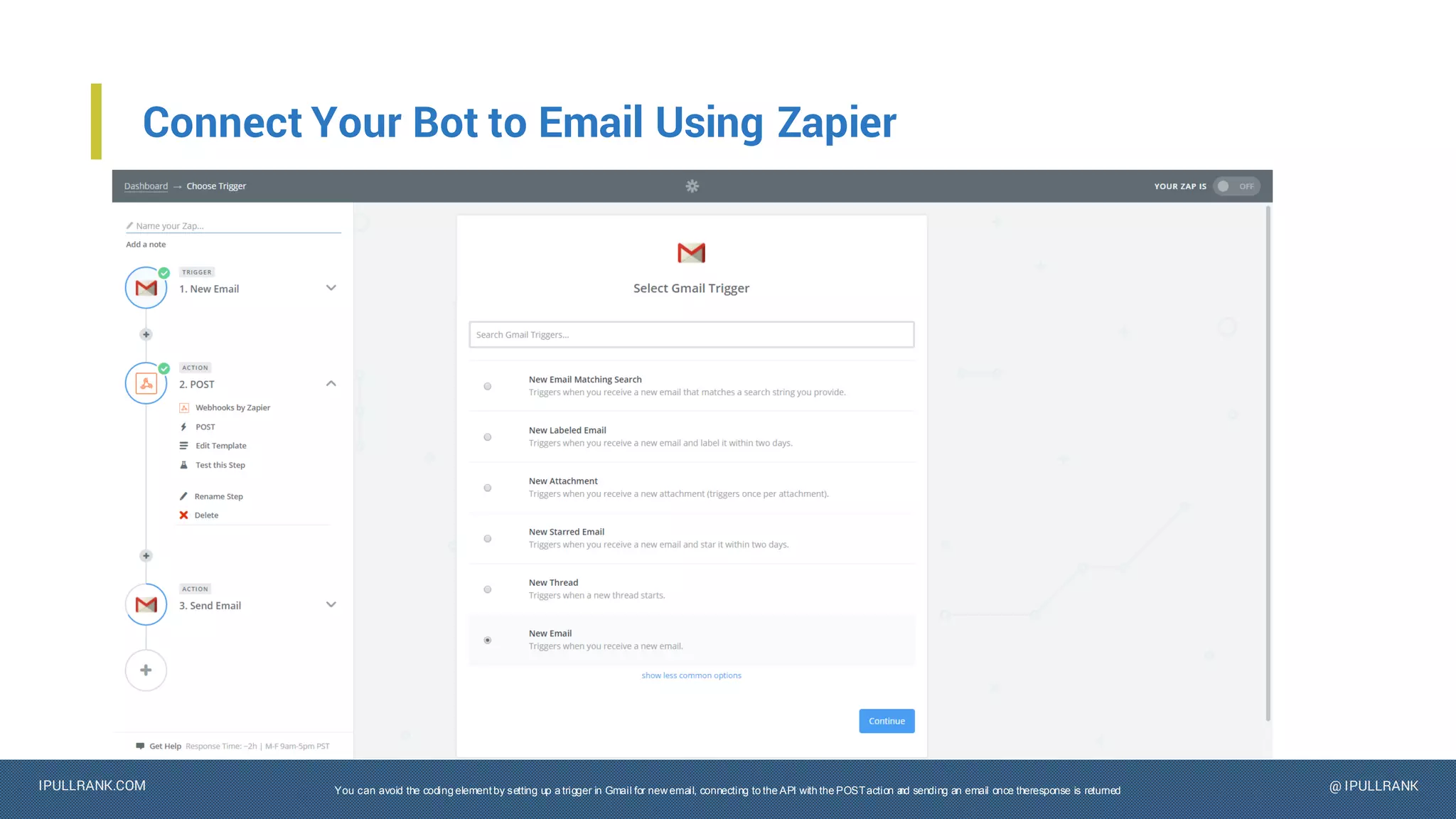 IPULLRANK.COM @ IPULLRANK
Connect Your Bot to Email Using Zapier
You can avoid the coding element by setting up a trigger in Gmail for newemail, connecting to the API with the POSTaction and sending an email once theresponse is returned
 