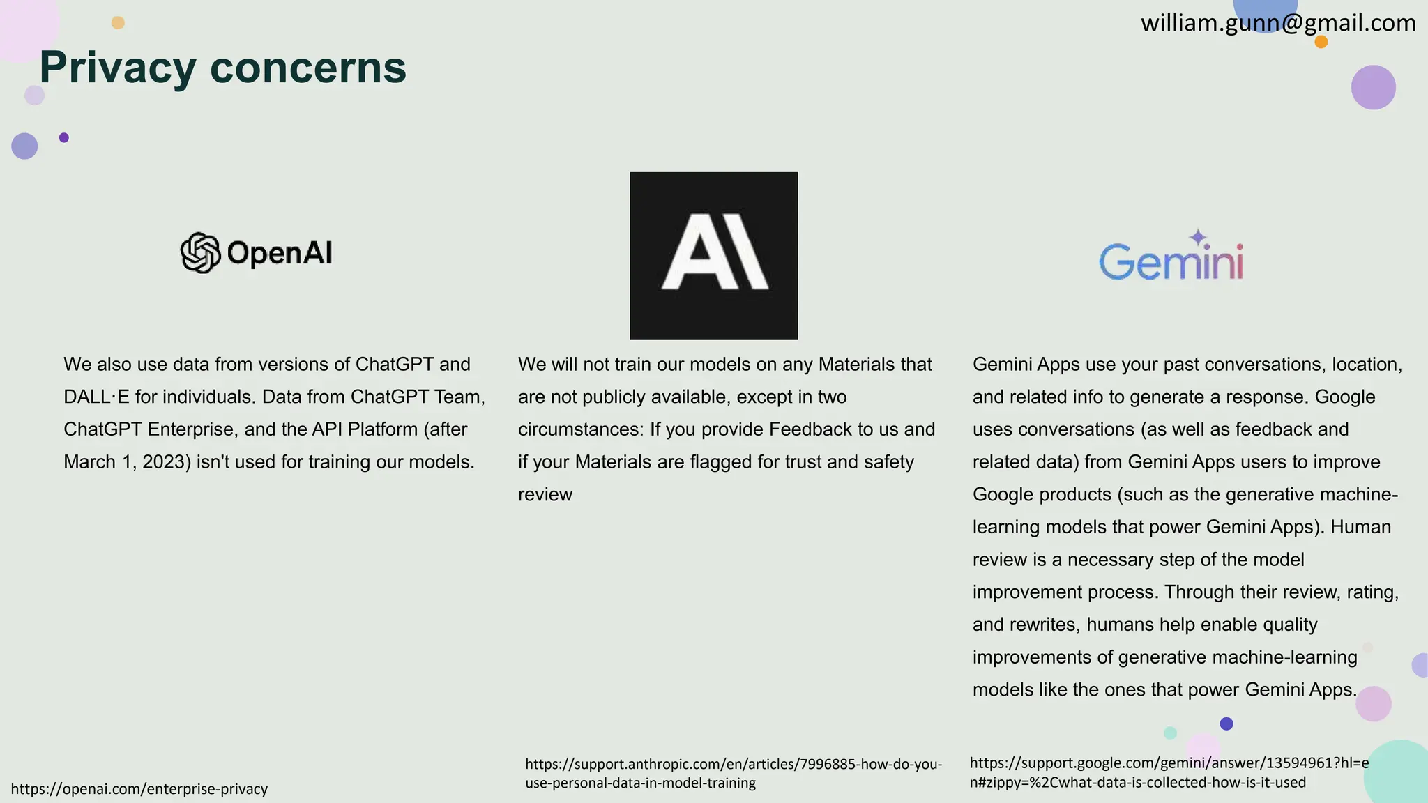 Privacy concerns
We also use data from versions of ChatGPT and
DALL·E for individuals. Data from ChatGPT Team,
ChatGPT Enterprise, and the API Platform (after
March 1, 2023) isn't used for training our models.
We will not train our models on any Materials that
are not publicly available, except in two
circumstances: If you provide Feedback to us and
if your Materials are flagged for trust and safety
review
Gemini Apps use your past conversations, location,
and related info to generate a response. Google
uses conversations (as well as feedback and
related data) from Gemini Apps users to improve
Google products (such as the generative machine-
learning models that power Gemini Apps). Human
review is a necessary step of the model
improvement process. Through their review, rating,
and rewrites, humans help enable quality
improvements of generative machine-learning
models like the ones that power Gemini Apps.
https://openai.com/enterprise-privacy
https://support.anthropic.com/en/articles/7996885-how-do-you-
use-personal-data-in-model-training
https://support.google.com/gemini/answer/13594961?hl=e
n#zippy=%2Cwhat-data-is-collected-how-is-it-used
william.gunn@gmail.com
 