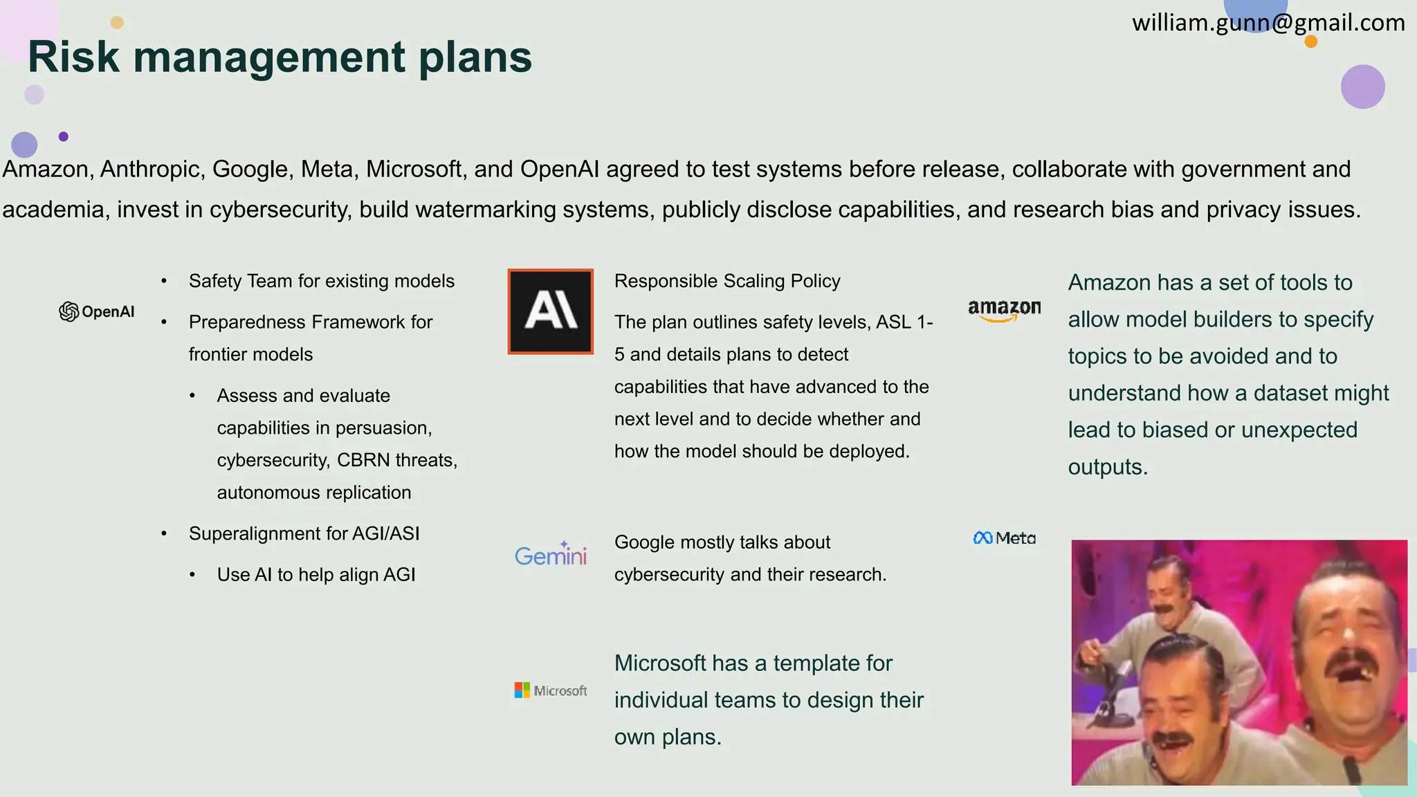 Risk management plans
Amazon, Anthropic, Google, Meta, Microsoft, and OpenAI agreed to test systems before release, collaborate with government and
academia, invest in cybersecurity, build watermarking systems, publicly disclose capabilities, and research bias and privacy issues.
• Safety Team for existing models
• Preparedness Framework for
frontier models
• Assess and evaluate
capabilities in persuasion,
cybersecurity, CBRN threats,
autonomous replication
• Superalignment for AGI/ASI
• Use AI to help align AGI
Responsible Scaling Policy
The plan outlines safety levels, ASL 1-
5 and details plans to detect
capabilities that have advanced to the
next level and to decide whether and
how the model should be deployed.
Google mostly talks about
cybersecurity and their research.
Microsoft has a template for
individual teams to design their
own plans.
Amazon has a set of tools to
allow model builders to specify
topics to be avoided and to
understand how a dataset might
lead to biased or unexpected
outputs.
william.gunn@gmail.com
 