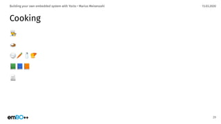 13.03.2020Building your own embedded system with Yocto • Marius Meisenzahl
Cooking
29
👨‍🍳
🍛
🍚🥕🧂🍠
📗📘📙
📄
 