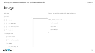 13.03.2020Building your own embedded system with Yocto • Marius Meisenzahl
Image
meta-embo
├── conf
│ ├── distro
│ │ ├── embo.conf
│ │ └── embo-tiny.conf
│ └── layer.conf
└── recipes-core
├── hello-cmake
│ └── hello-cmake.bb
└── images
└── embo-image.bb
34
require recipes-core/images/core-image-minimal.bb
IMAGE_INSTALL_append = "
hello-cmake 
hello-make 
hello-meson 
"
 