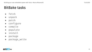 13.03.2020Building your own embedded system with Yocto • Marius Meisenzahl
BitBake tasks
● fetch
● unpack
● patch
● configure
● compile
● populate
● install
● package
● package_write
36
 