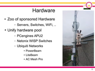33
Hardware
● Zoo of sponsored Hardware
– Servers, Switches, WiFi, ..
➔ Unify hardware pool
– PCengines APU2
– Netonix WIS...