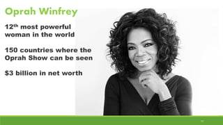 12th most powerful
woman in the world
150 countries where the
Oprah Show can be seen
$3 billion in net worth
Oprah Winfrey
15
 