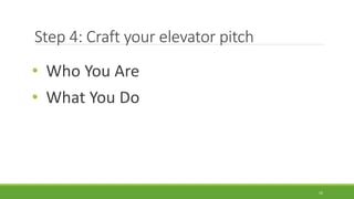 Step 4: Craft your elevator pitch
• Who You Are
• What You Do
16
 