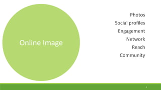 Online Image
Photos
Social profiles
Engagement
Network
Reach
Community
9
 