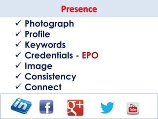 Presence
 Photograph
 Profile
 Keywords
 Credentials - EPO
 Image
 Consistency
 Connect
 