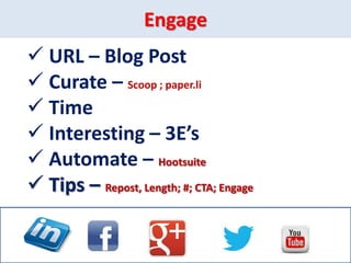 Engage
 URL – Blog Post
 Curate – Scoop ; paper.li
 Time
 Interesting – 3E’s
 Automate – Hootsuite
 Tips – Repost, Length; #; CTA; Engage
 