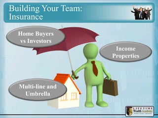 Building Your Team:
Insurance
Home Buyers
vs Investors
Income
Properties

Multi-line and
Umbrella

 