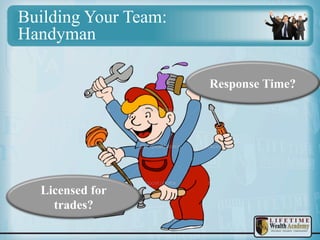Building Your Team:
Handyman
Response Time?

Licensed for
trades?

 
