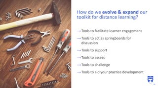 →Tools to facilitate learner engagement
→Tools to act as springboards for
discussion
→Tools to support
→Tools to assess
→Tools to challenge
→Tools to aid your practice development
How do we evolve & expand our
toolkit for distance learning?
11
 