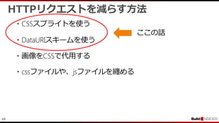 10
HTTPリクエストを減らす方法
・CSSスプライトを使う
・DataURIスキームを使う
・画像をCSSで代用する
・cssファイルや、jsファイルを纏める
ここの話
 