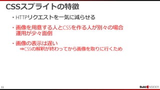 11
・HTTPリクエストを一気に減らせる
CSSスプライトの特徴
・画像の表示は遅い
⇒CSSの解釈が終わってから画像を取りに行くため
・画像を用意する人とCSSを作る人が別々の場合
運用が少々面倒
 